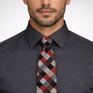 PAUL FREDRICK Men’s Red Gray Brown Geometric Silk Tie Classic Retro